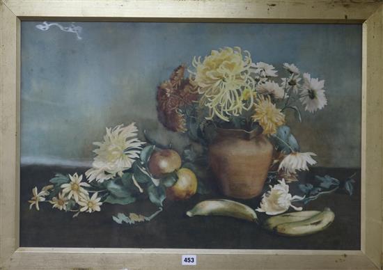 Eleanor Winter (early 20th century), watercolour, still life with fruit and chrysanthemums in a stoneware jug, 49.5 x 75cm